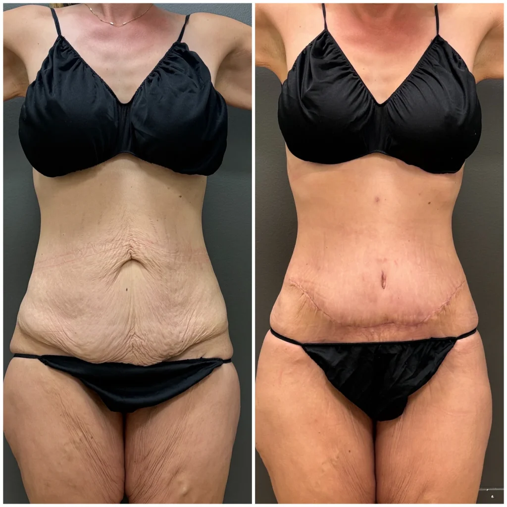 BodyPoint BodyTite Plus with liposuction, front comparison; before left and three months after right. Individual results vary.