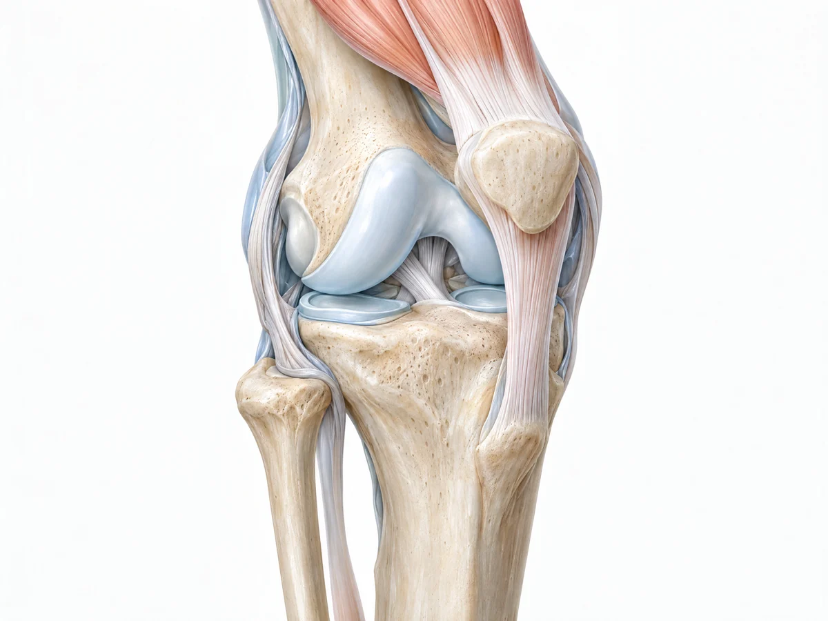Educational cutaway of a normal knee showing bones, cartilage and surrounding structures
