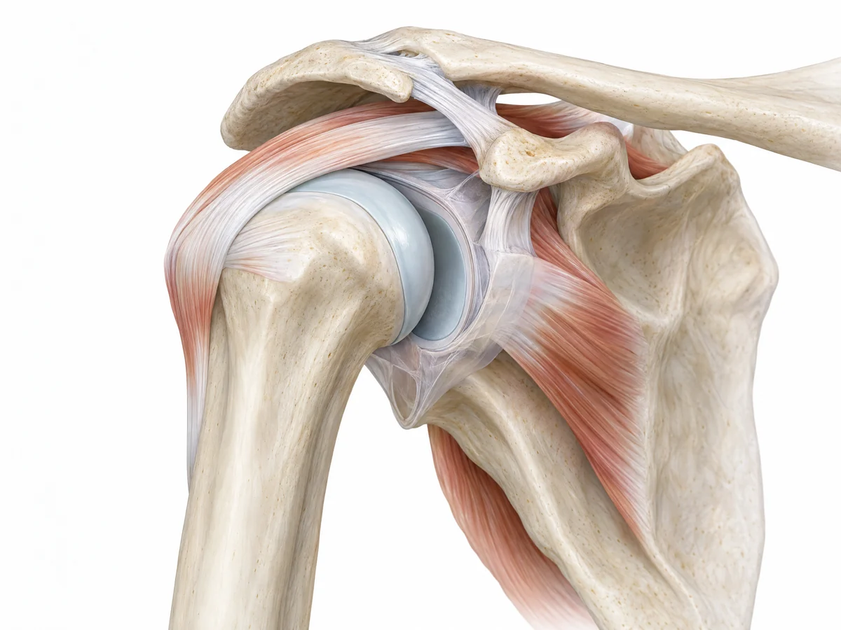 Educational shoulder cutaway showing the humeral head, scapula and surrounding tendons