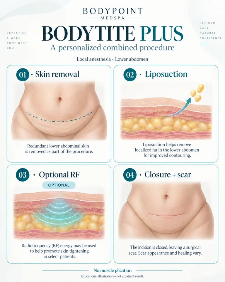BodyTite Plus educational diagram: skin removal, included liposuction, optional RF treatment, and closure with a scar; no muscle plication.