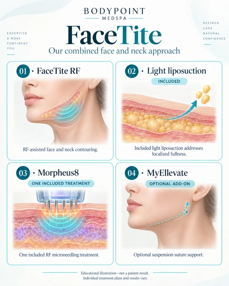 Educational FaceTite diagram: RF-assisted contouring, included light liposuction, one included Morpheus8 treatment, and optional MyEllevate suspension-suture support.